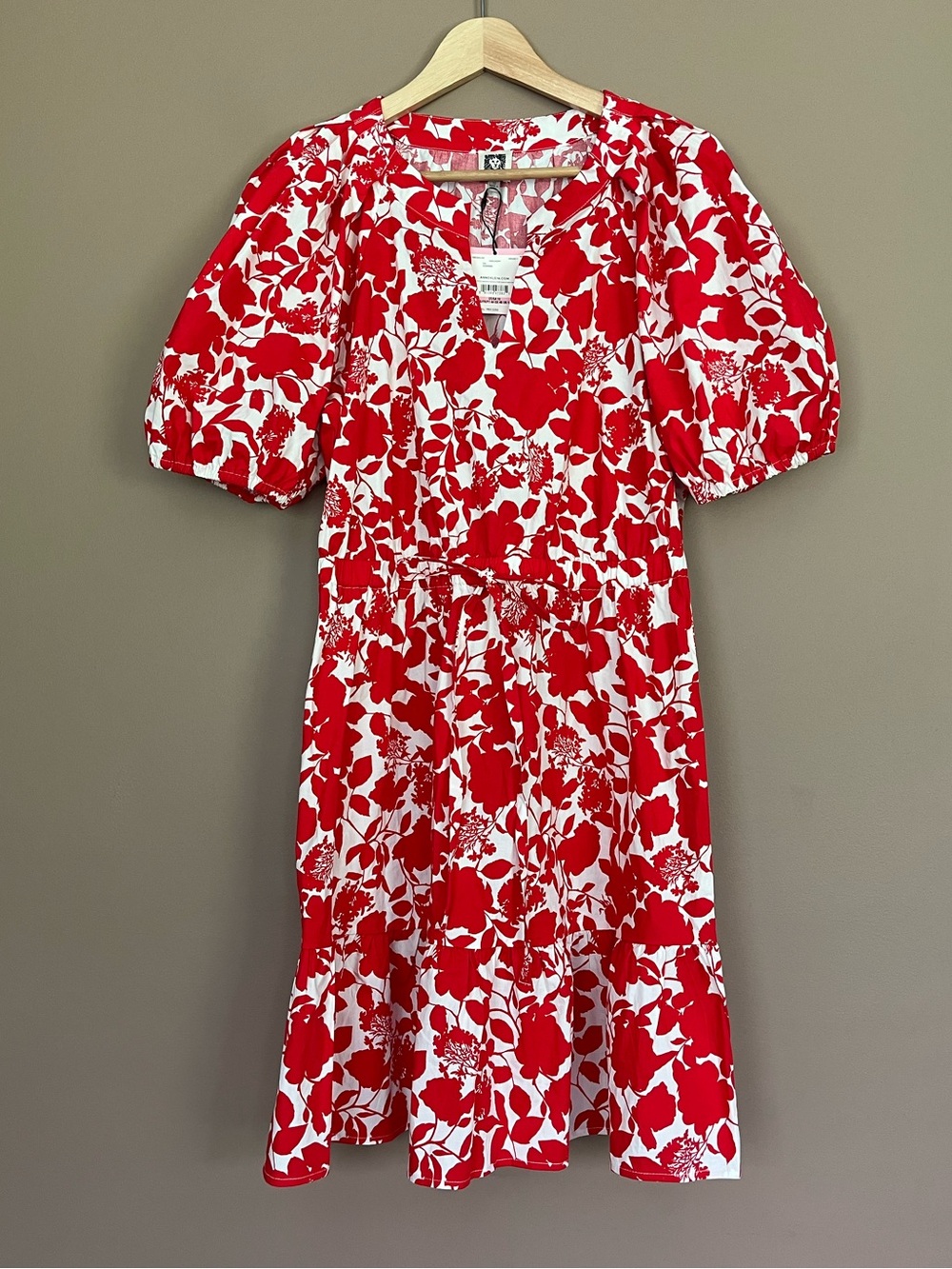 {Anne Klein} Short Puff Sleeve Floral Dress in Red & White - Womens 10 - NWT